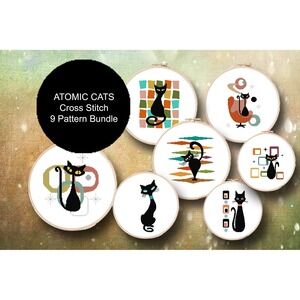 NINE PATTERN BUNDLE - Mid Century Atomic Black Cat Counted Cross Stitch Patterns